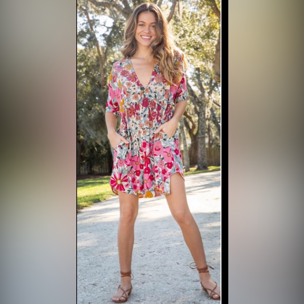 Natural Life Large Stella V-Neck Mini Dress - Pink Vintage Floral - like new